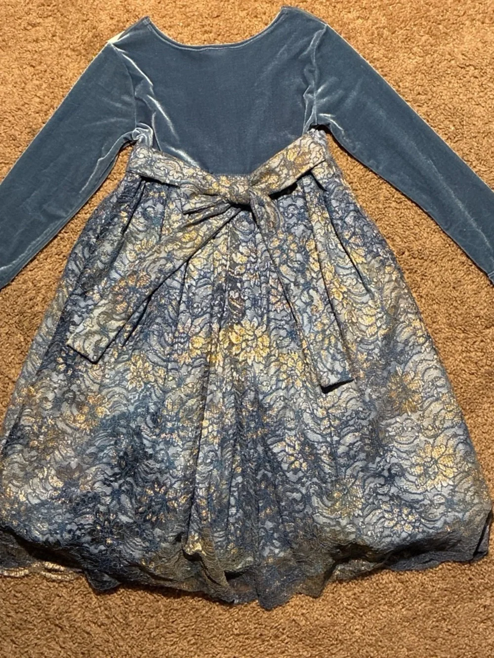 marmellata Blue Velvet & Lace Long-Sleeve Dress